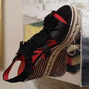 Pas Ole Rouge Cloe Black Leather Suede Fringe Wedge Sandals Size 40